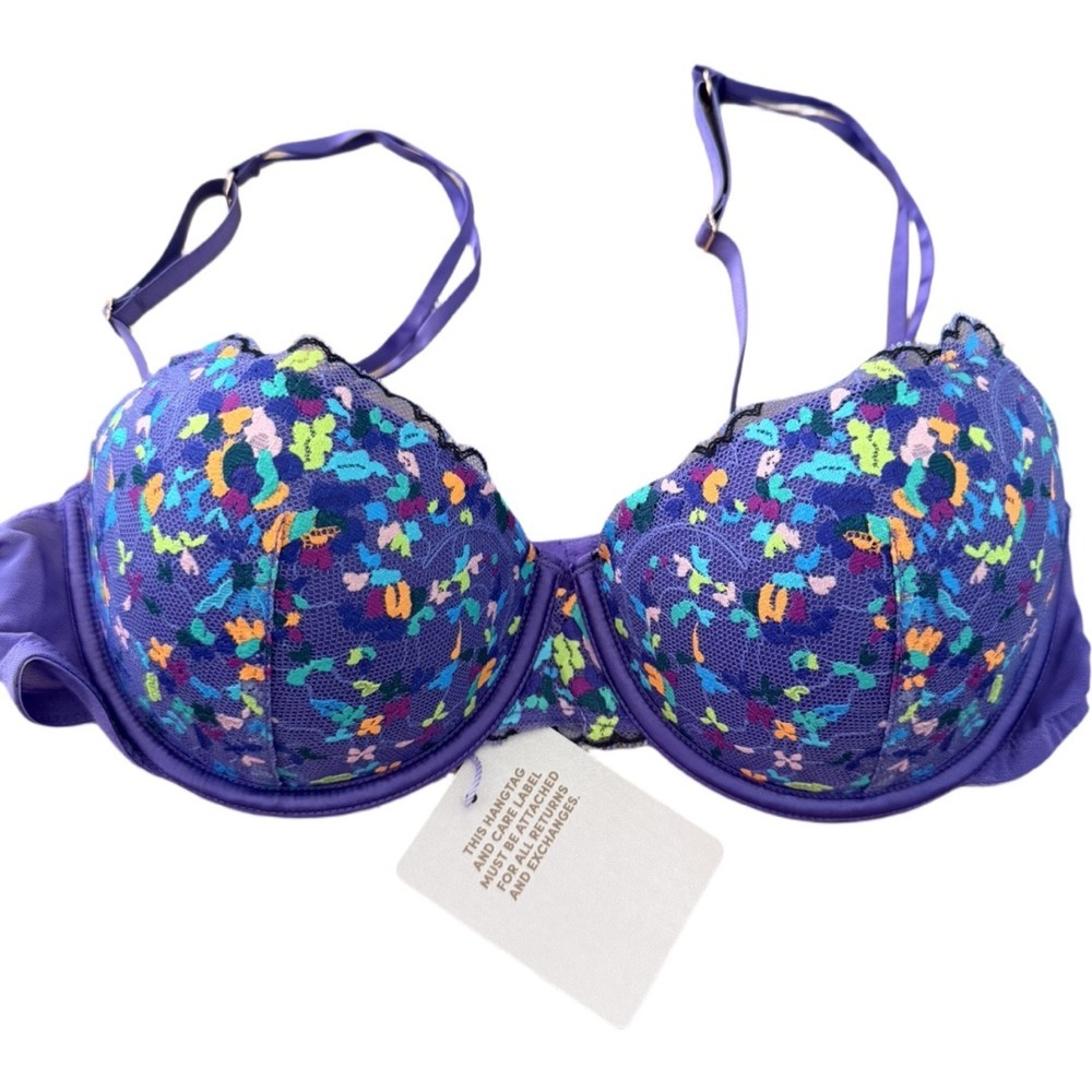 Savage X Fenty Steamy Floral Padded Balconette Bra 32B Purple Lace Underwire